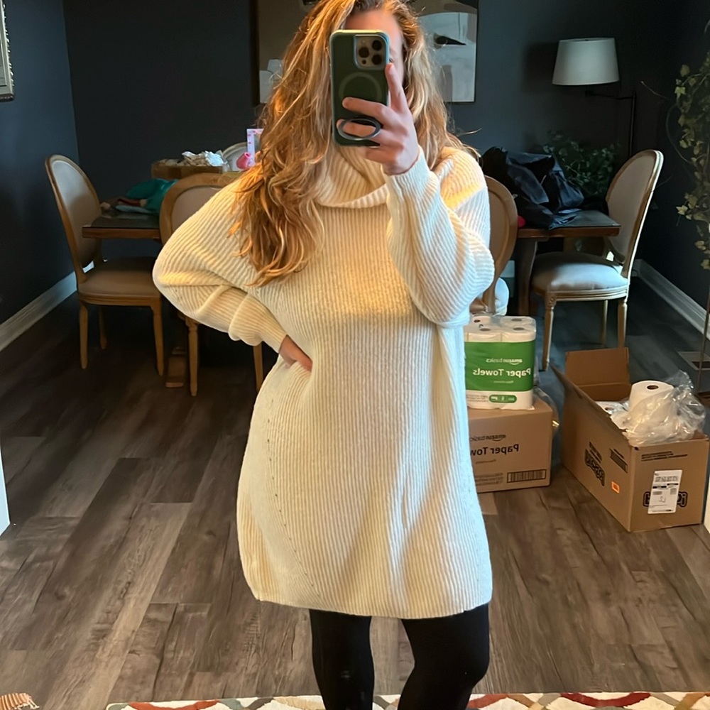 Cowl neck sweater dress off white color